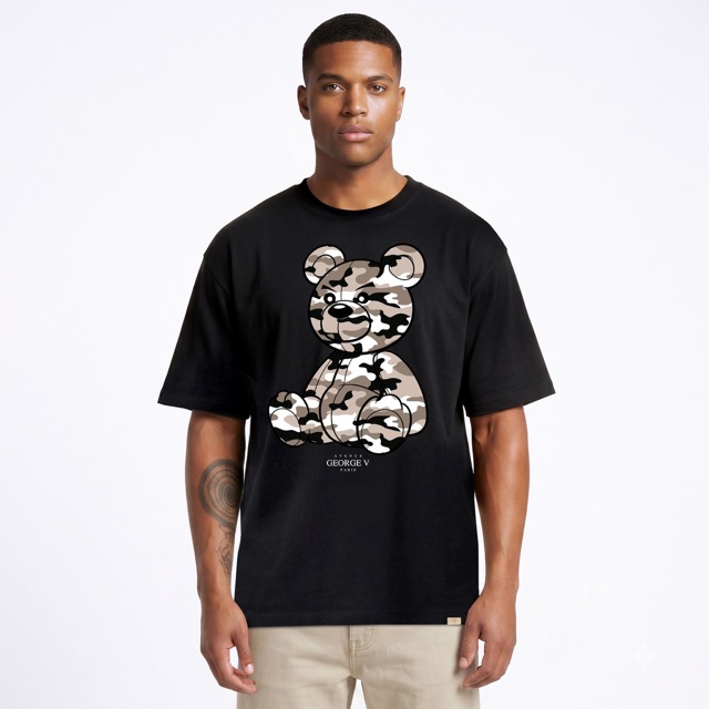 T-shirt George V "Bear Military" — Noir/Beige